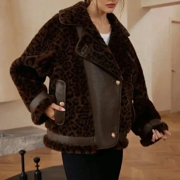 Brown Casual Women's Leopard Print Patchwork Fluffy Faux Leather Aviator Jacket - Picture 1 of 8